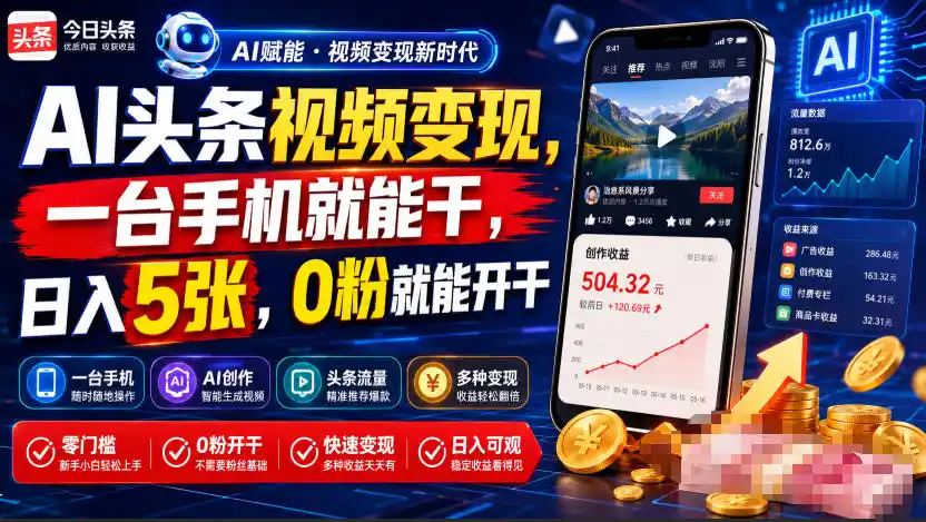 AI头条视频变现，一台手机就能干，日入5张，0粉就能开干-北极星资源库
