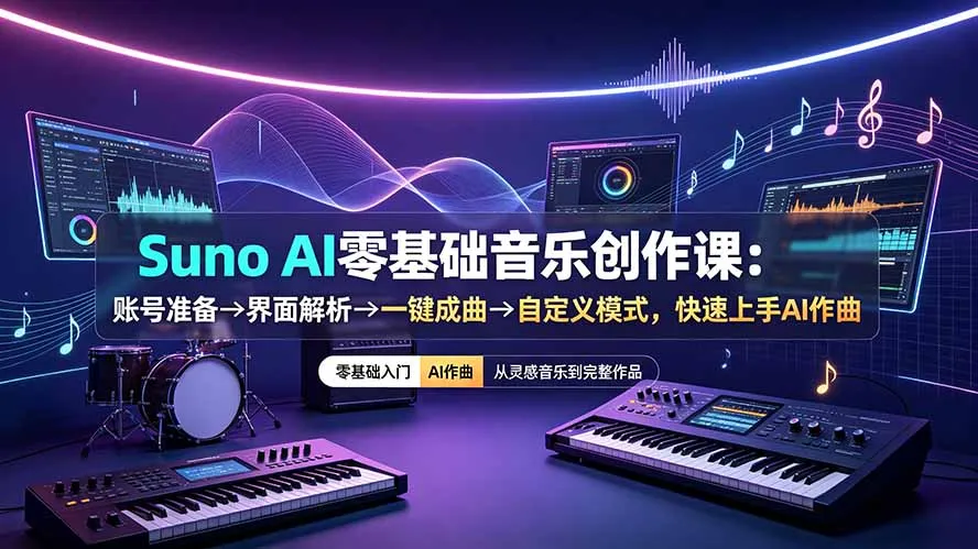 Suno AI零基础音乐创作课：账号准备→界面解析→一键成曲→自定义模式，快速上手AI作曲-北极星资源库