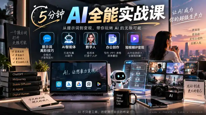 5分钟AI全能实战课｜提示词高阶技巧+AI智能体+数字人+办公创作+短视频IP变现全教程-北极星资源库