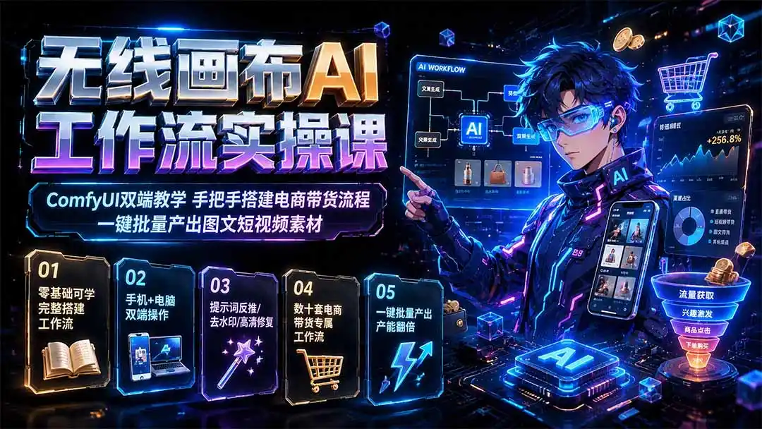 无线画布AI工作流实操课｜ComfyUI双端教学，手把手搭建电商带货流程，一键批量产出图文短视频素材-北极星资源库