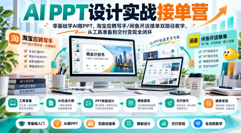 AI PPT设计实战接单营｜零基础学AI做PPT，淘宝应聘写手/闲鱼开店接单双路径教学，从工具准备到交付变现全闭环-北极星资源库