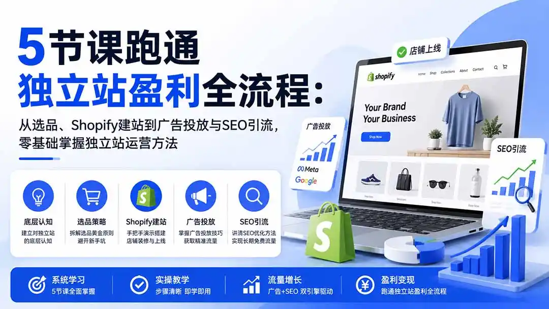 5节课跑通独立站盈利全流程：从选品、Shopify建站到广告投放与SEO引流，零基础掌握独立站运营方法-北极星资源库