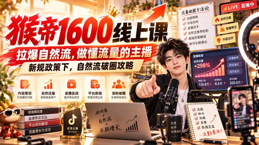 猴帝1600线上课，拉爆自然流，做懂流量的主播，新规政策下，自然流破圈攻略【更新261017】-北极星资源库
