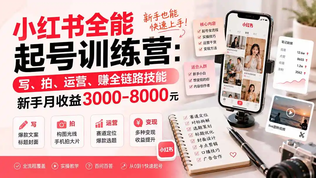 小红书全能起号训练营-更新：写、拍、运营、赚全链路技能，新手月收益3000-8000元-北极星资源库
