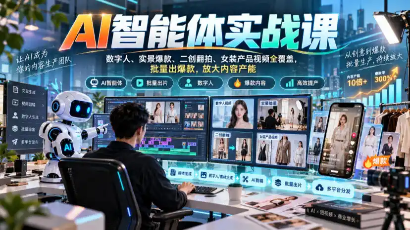 AI智能体实战课，数字人、实景爆款、二创翻拍、女装产品视频全覆盖，批量出爆款，放大内容产能-北极星资源库