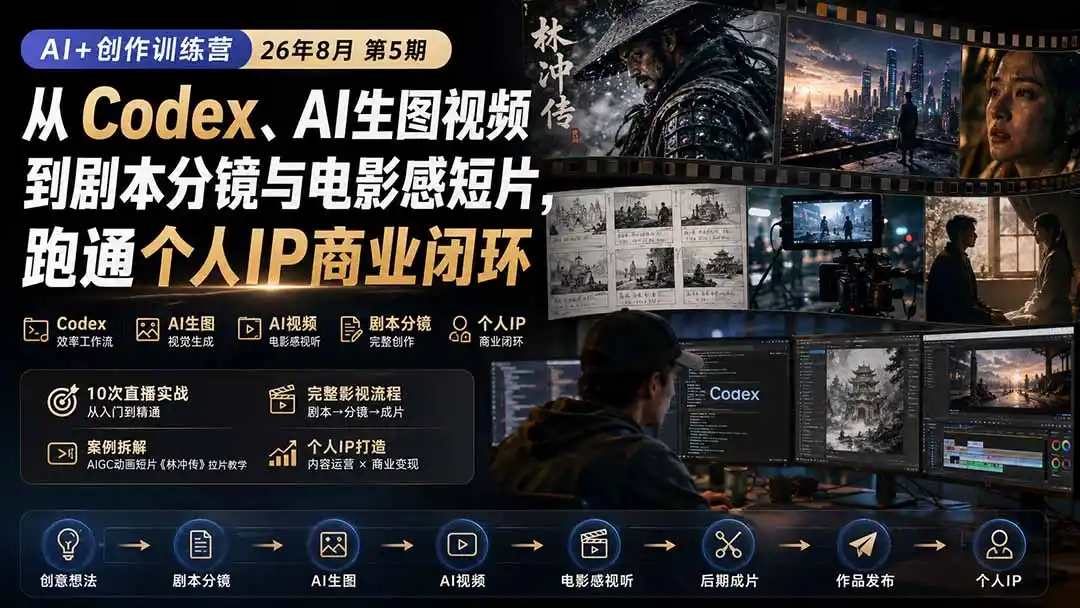 AI+创作训练营26年8月第5期：从Codex、AI生图视频到剧本分镜与电影感短片，跑通个人IP商业闭环-北极星资源库