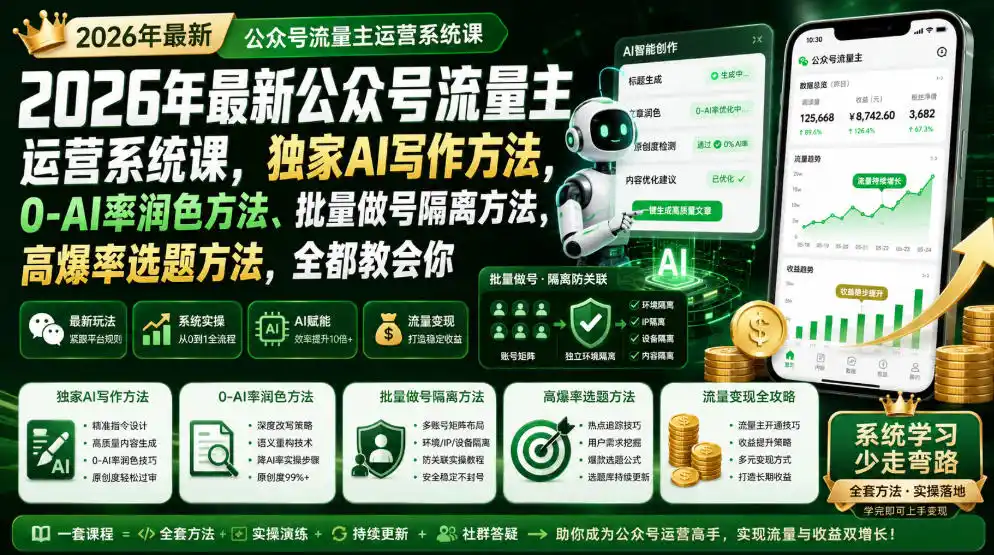 2026年最新公众号流量主运营系统课，独家AI写作方法，0-AI率润色方法、批量做号隔离方法、高爆率选题方法，全都教会你-北极星资源库