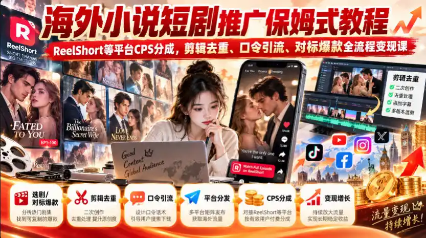 海外小说短剧推广保姆式教程|ReelShort等平台CPS分成,剪辑去重、口令引流、对标爆款全流程变现课-北极星资源库