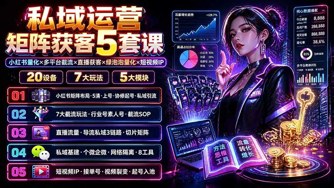 私域运营矩阵获客5套课：小红书量化×多平台截流×直播获客×绿泡泡量化×短视频IP×20设备×7大玩法-北极星资源库