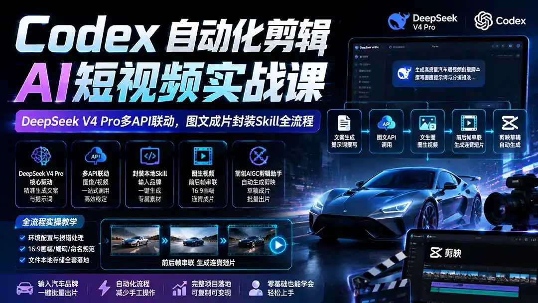 Codex自动化剪辑AI短视频实战课｜DeepSeek V4 Pro多API联动，图文成片封装Skill全流程-北极星资源库