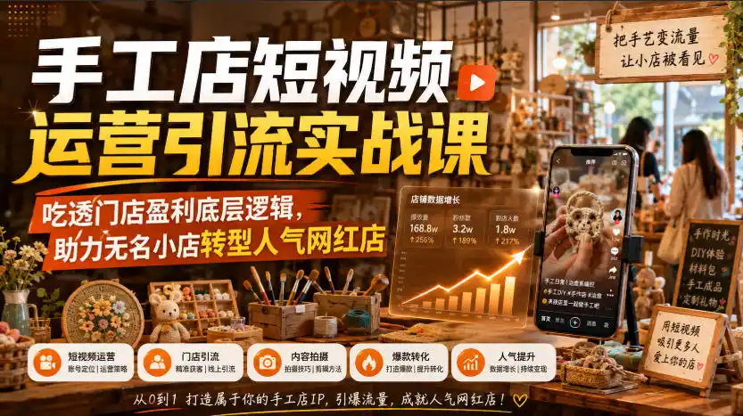 手工店短视频运营引流实战课，吃透门店盈利底层逻辑，助力无名小店转型人气网红店-北极星资源库