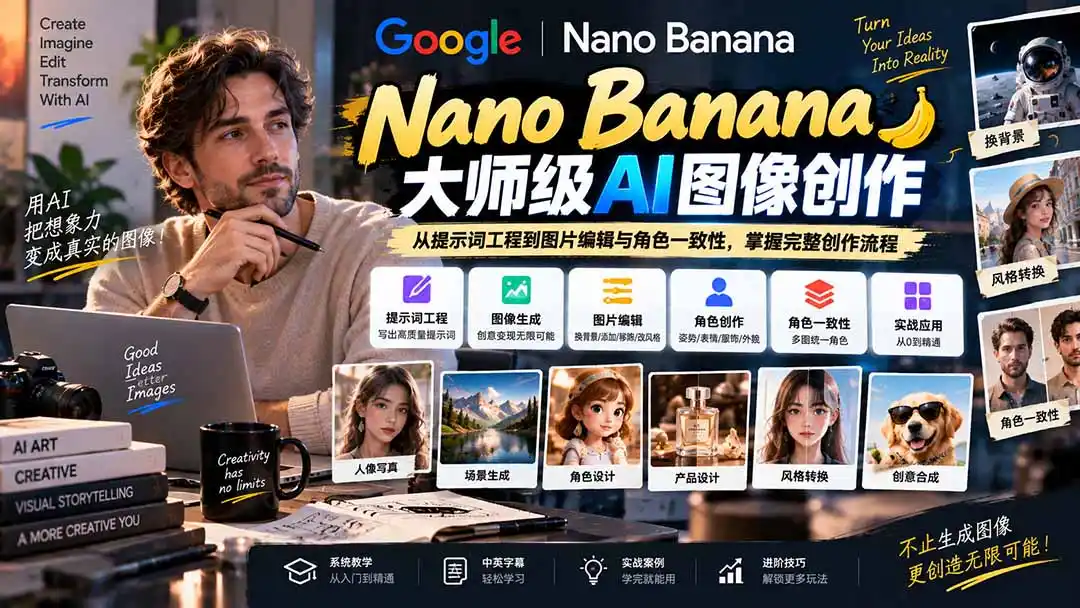 【无水印】Nano Banana大师级AI图像实战课：从提示词工程到图片编辑与角色一致性，掌握完整创作流程-北极星资源库