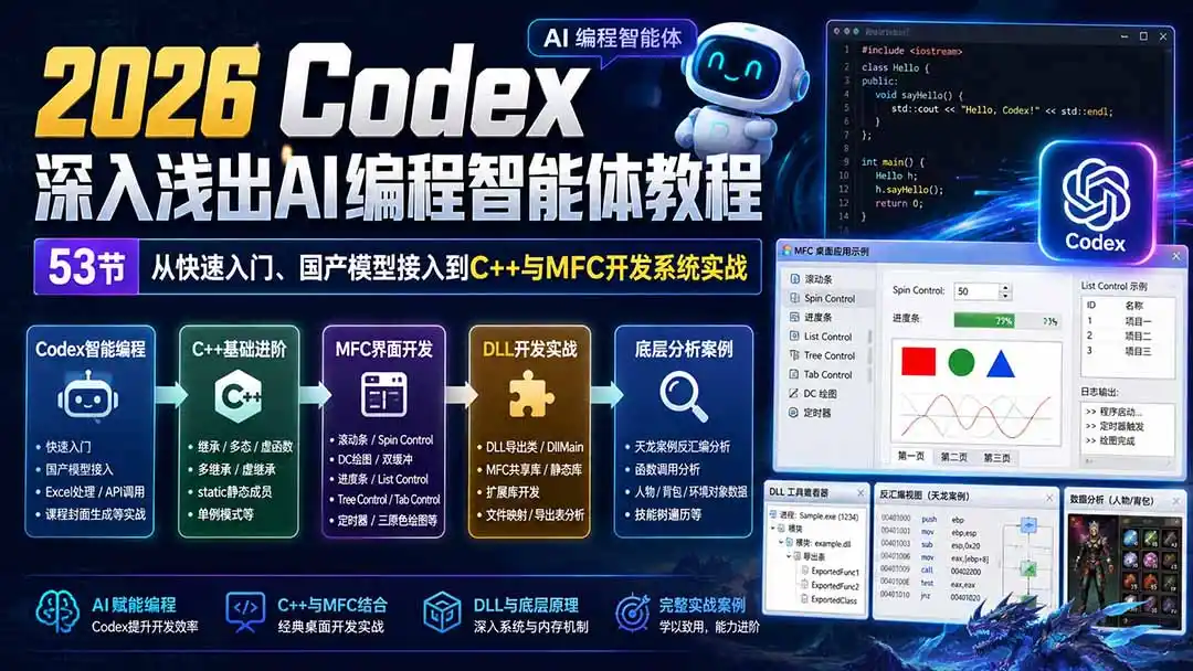 2026 Codex深入浅出AI编程智能体教程：53节从快速入门、国产模型接入到C++与MFC开发系统实战-北极星资源库