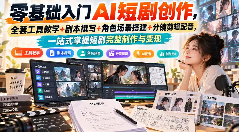 零基础入门AI短剧创作，全套工具教学+剧本撰写+角色场景搭建+分镜剪辑配音，一站式掌握短剧完整制作与变现-北极星资源库