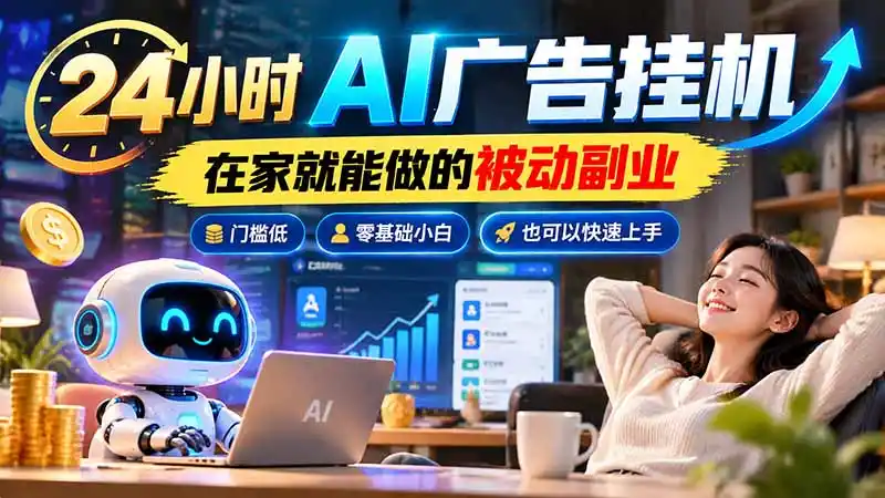 24小时AI广告挂机｜在家就能做的被动副业，门槛低，零基础小白也可以快速上手-北极星资源库