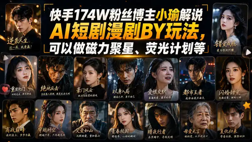 快手174W粉丝博主小瑜解说AI短剧漫剧搬运玩法，可以做磁力聚星、荧光计划等-北极星资源库
