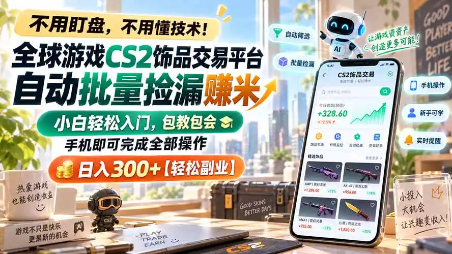 全球游戏CS2饰品交易平台自动批量捡漏赚米，小白轻松入门，包教包会，手机即可完成全部操作，日入300+【轻松副业】-北极星资源库