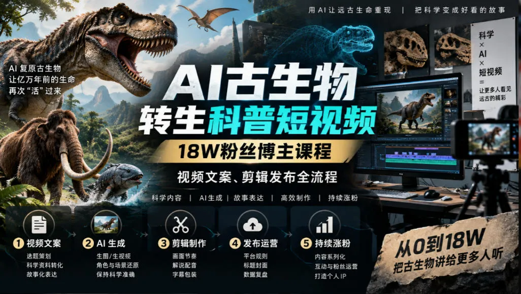 AI古生物转生科普短视频，18W粉丝博主课程，视频文案、剪辑发布全流程-北极星资源库