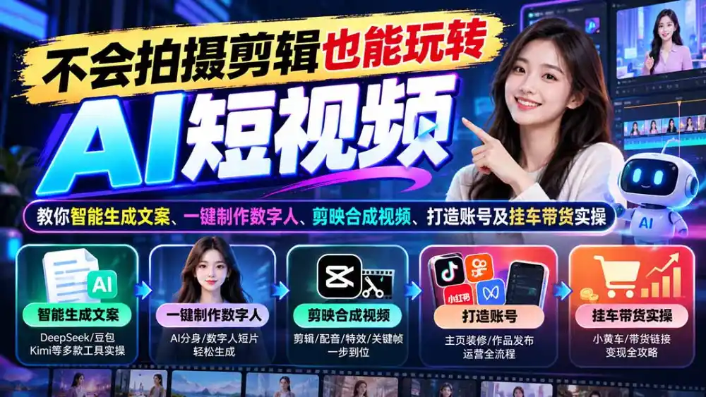 不会拍摄剪辑也能玩转AI短视频：教你智能生成文案、一键制作数字人、剪映合成视频、打造账号及挂车带货实操-北极星资源库