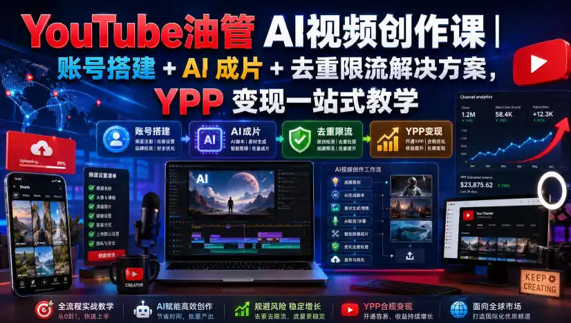 YouTube油管AI视频创作课｜账号搭建+AI成片+去重限流解决方案，YPP变现一站式教学(更新0817)-北极星资源库