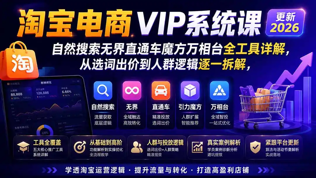 2026淘宝电商终局之战VIP课-更新：自然搜索+直通车+无界+精准人群，系统掌握测款动销与全店推广布局方法-北极星资源库