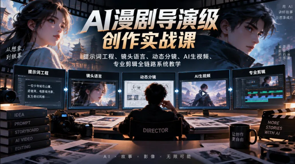 AI漫剧导演级创作实战课｜提示词工程、镜头语言、动态分镜、AI生视频、专业剪辑全链路系统教学-北极星资源库