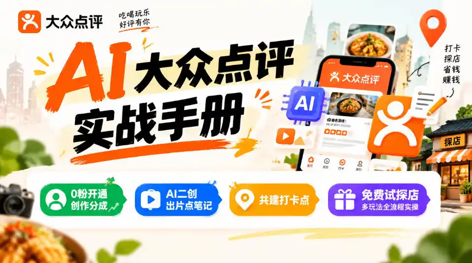 某局的AI大众点评实战手册，0粉开通创作分成、AI二创出片点笔记、共建打卡点、免费试探店多玩法全流程实操-北极星资源库