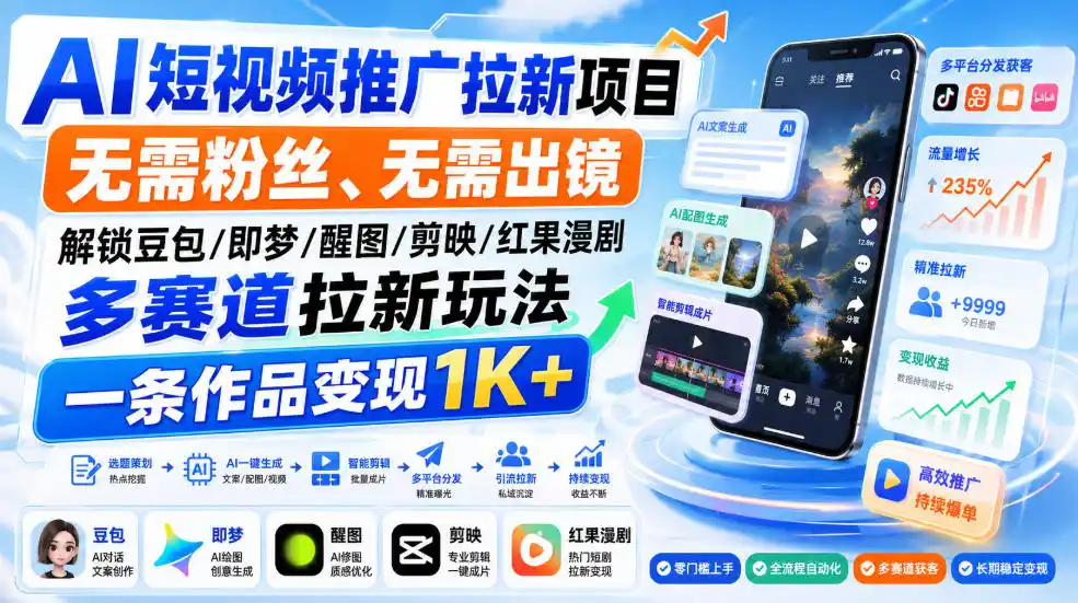 AI短视频推广拉新项目，无需粉丝、无需出镜，解锁豆包/即梦/醒图/剪映/红果漫剧多赛道拉新玩法，一条作品变现1K+-北极星资源库
