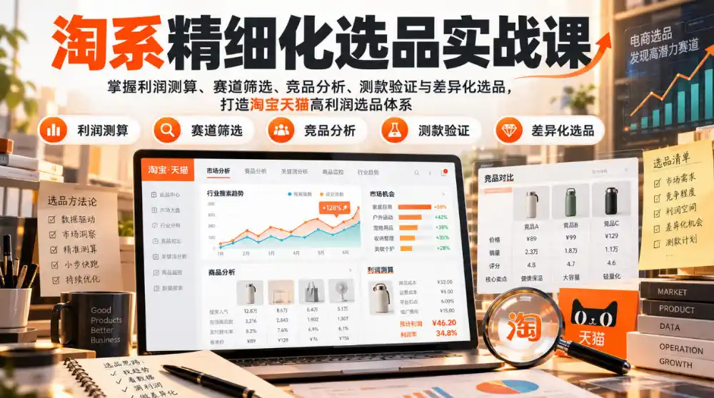 货架电商精细化选品实战课：掌握利润测算、赛道筛选、竞品分析、测款验证与差异化选品，打造淘宝天猫高利润选品体系-北极星资源库