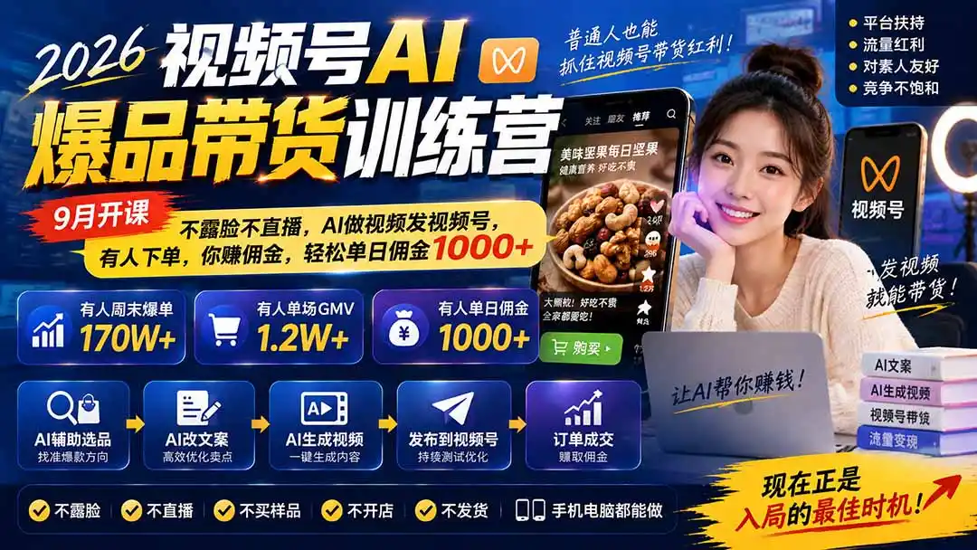 2026视频号AI爆品带货训练营-9月开课｜不露脸不直播，AI做视频发视频号，有人下单，你赚佣金，轻松单日佣金1000+-北极星资源库
