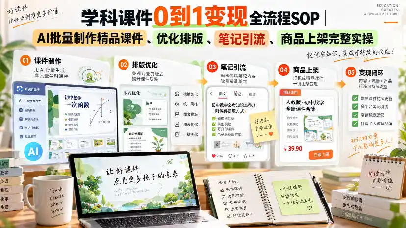 学科课件0到1变现全流程SOP｜AI批量制作精品课件、优化排版、笔记引流、商品上架完整实操-北极星资源库