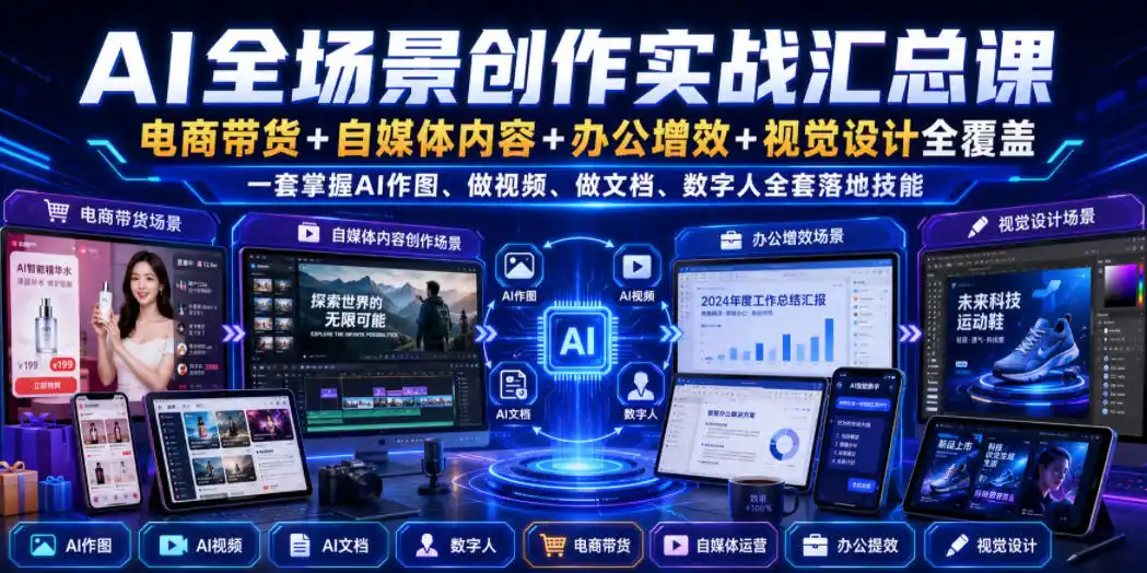 AI全场景创作实战汇总课｜电商带货+自媒体内容+办公增效+视觉设计全覆盖，一套掌握AI作图、做视频、做文档、数字人全套落地技能-北极星资源库