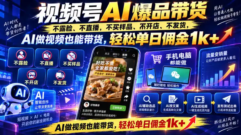 视频号Ai爆品带货，不露脸、不直播、不买样品、不开店、不发货，AI做视频也能带货，轻松单日佣金1k+-北极星资源库
