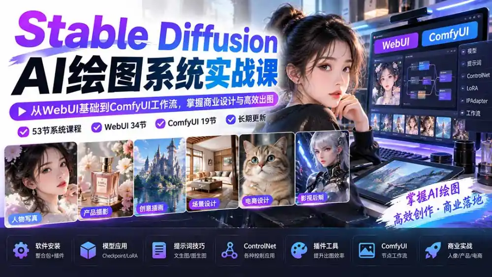 【无水印】Stable Diffusion AI绘图系统实战课：从WebUI基础到ComfyUI工作流，掌握商业设计与高效出图-北极星资源库