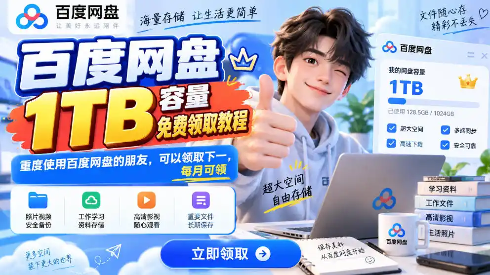 百度网盘1TB容量免费领取教程，重度使用百度网盘的朋友，可以领取下一，每月可领-北极星资源库