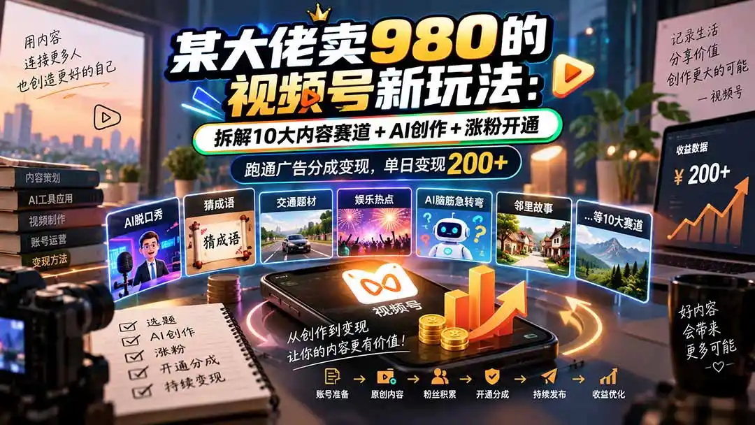 某大佬卖980的视频号新玩法：拆解10大内容赛道+AI创作+涨粉开通，跑通广告分成变现，单日变现200+-北极星资源库