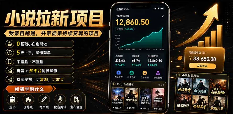 抖音及多平台小说拉新项目：我亲自跑通并持续带徒弟实操｜0基础小白5天上手快速变现-北极星资源库