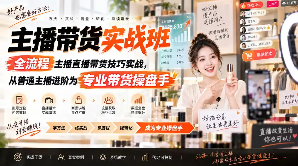 主播带货实战班ZB，全流程主播直播带货技巧实战，从普通主播进阶为专业带货操盘手-北极星资源库