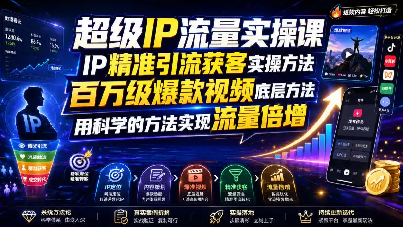 超级IP流量实操课，IP精准引流获客实操方法，百万级爆款视频底层方法，用科学的方法实现流量倍增-北极星资源库