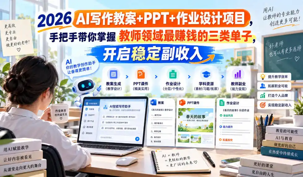 2026 AI写作教案+PPT+作业设计项目，手把手带你掌握教师领域最賺钱的三类单子，开启稳定副收入-北极星资源库