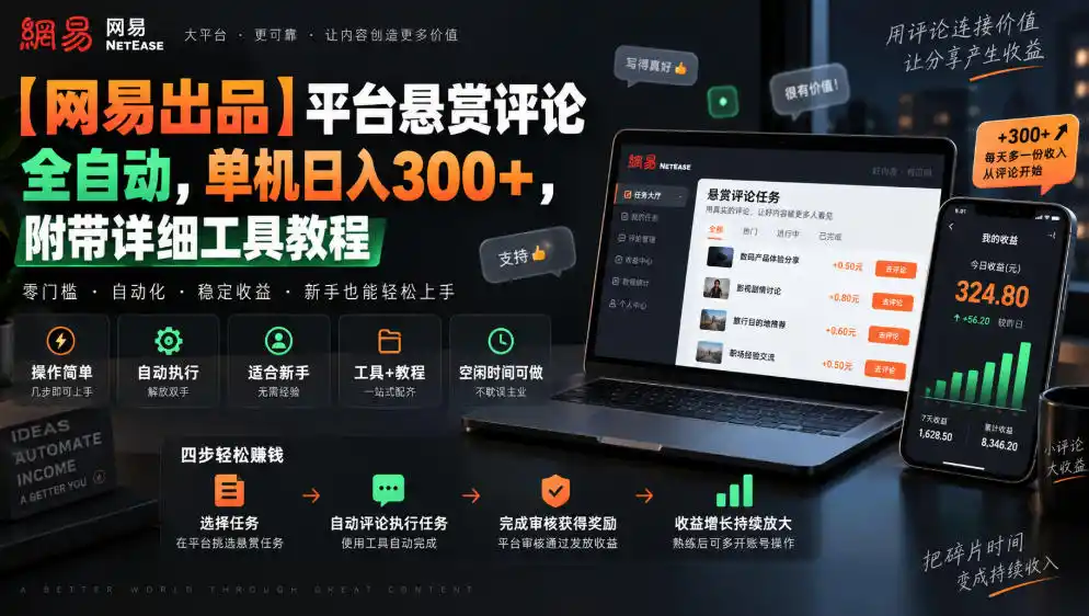 【网易出品】平台悬赏评论全自动，单机日入300+，附带详细工具教程【揭秘】-北极星资源库