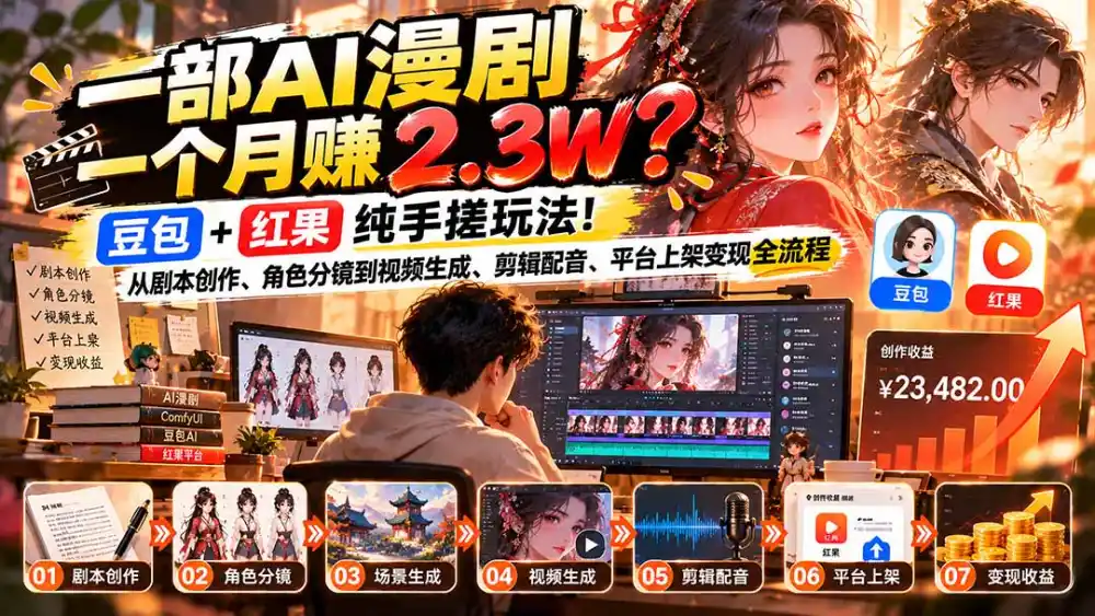 一部AI漫剧一个月赚2.3W？豆包+红果纯手搓玩法！从剧本创作、角色分镜到视频生成、剪辑配音、平台上架变现全流程-北极星资源库