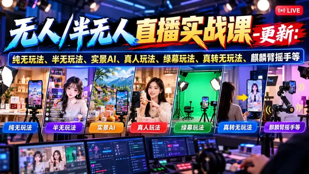 无人/半无人直播实战课-10月20更新：纯无玩法、半无玩法、实景AI、真人玩法、绿幕玩法、真转无玩法、麒麟臂摇手等-北极星资源库