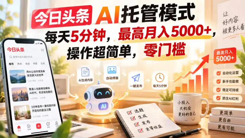 今日头条AI托管模式，每天5分钟，最高月入5000+，操作超简单，零门槛【揭秘】-北极星资源库