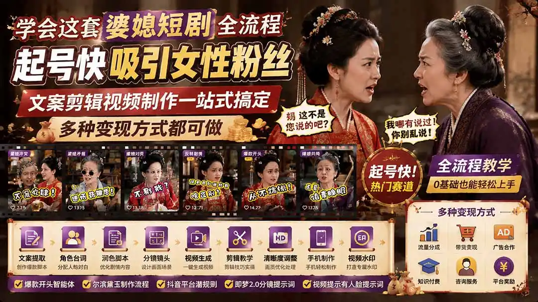 学会这套婆媳短剧全流程：起号快吸引女性粉丝，文案剪辑视频制作一站式搞定，多种变现方式都可做-北极星资源库