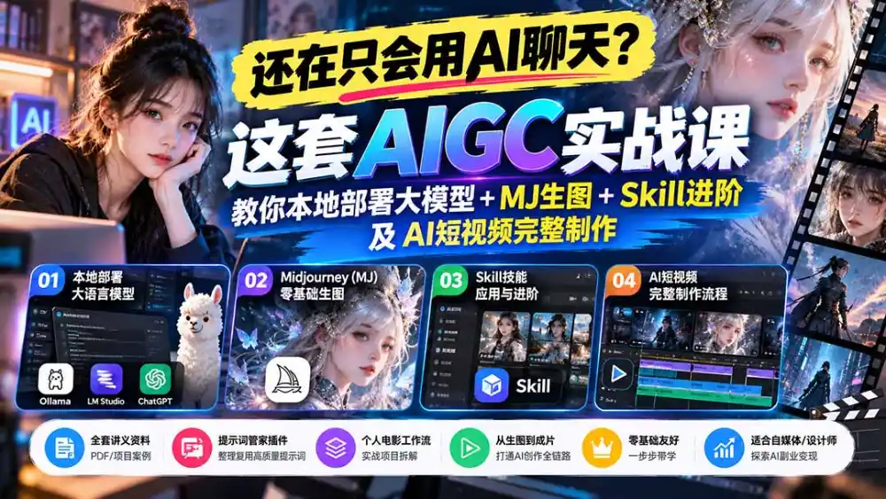 【无水印】还在只会用AI聊天？这套AIGC实战课教你本地部署大模型+MJ生图+Skill进阶及AI短视频完整制作-北极星资源库