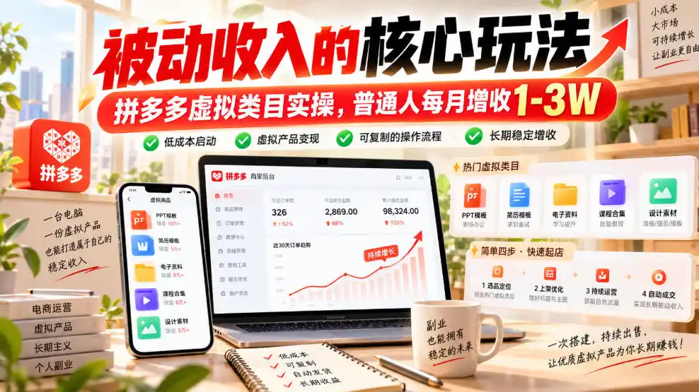 被动收入的核心玩法，拼多多虚拟类目实操，普通人每月增收1-3W【揭秘】-北极星资源库