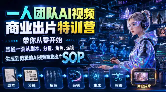 一人团队AI视频商业出片实战课：带你从零开始跑通一套从剧本、分镜、角色、运镜、生成到剪辑的AI视频商业出片SOP-北极星资源库