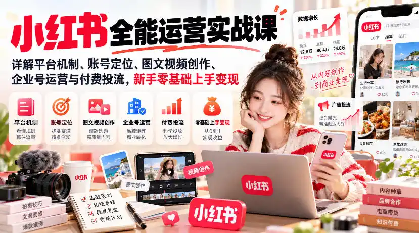 小红书全能运营实战课，详解平台机制、账号定位、图文视频创作、企业号运营与付费投流，新手零基础上手变现-北极星资源库