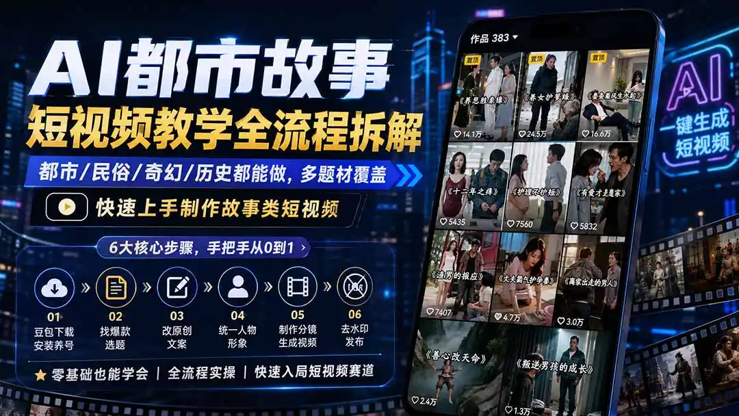 AI都市故事短视频教学全流程拆解；都市/民俗/奇幻/历史都能做多题材覆盖，快速上手制作故事类短视频-北极星资源库